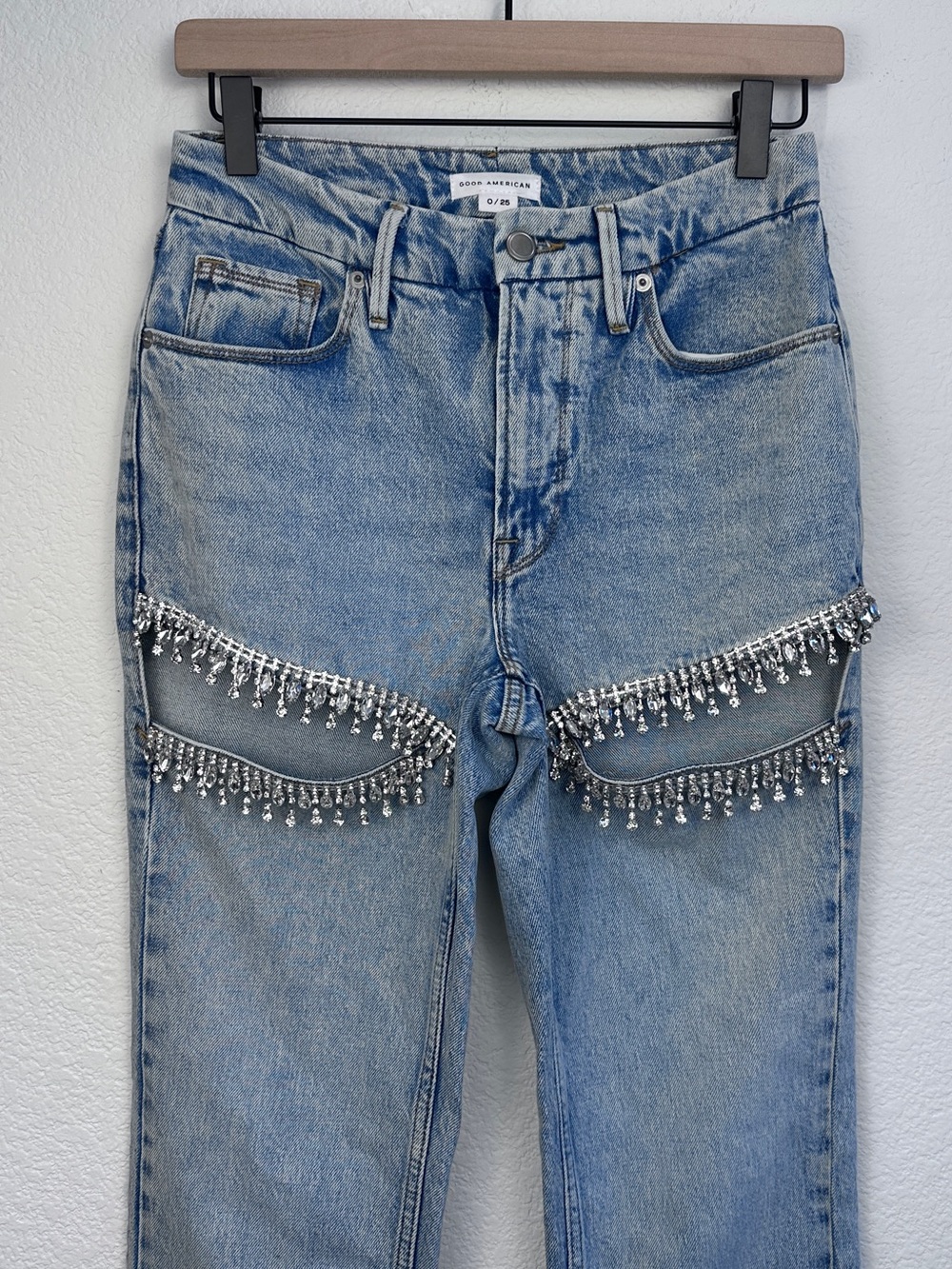Good American 0/25 Rhinestone Crystal Fringe Mesh Cutout Jeans
